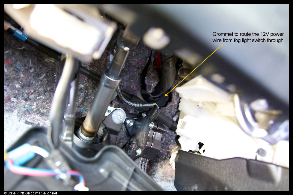Grommet in cabin where you need to route the 12V power wire from the fog light switch through