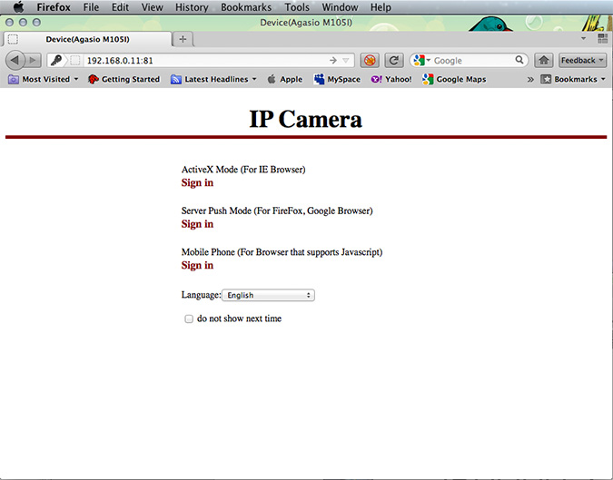 The IP Camera's web-based UI splash page
