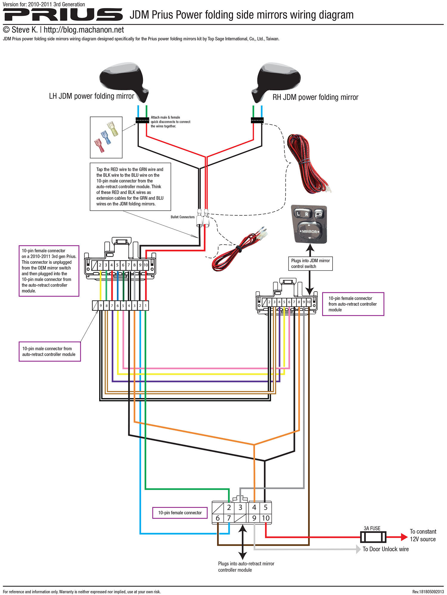 2010-2011 3rd gen Prius JDM power folding side mirror wiring diagram (using kit by Top Sage International, Co., Ltd.)