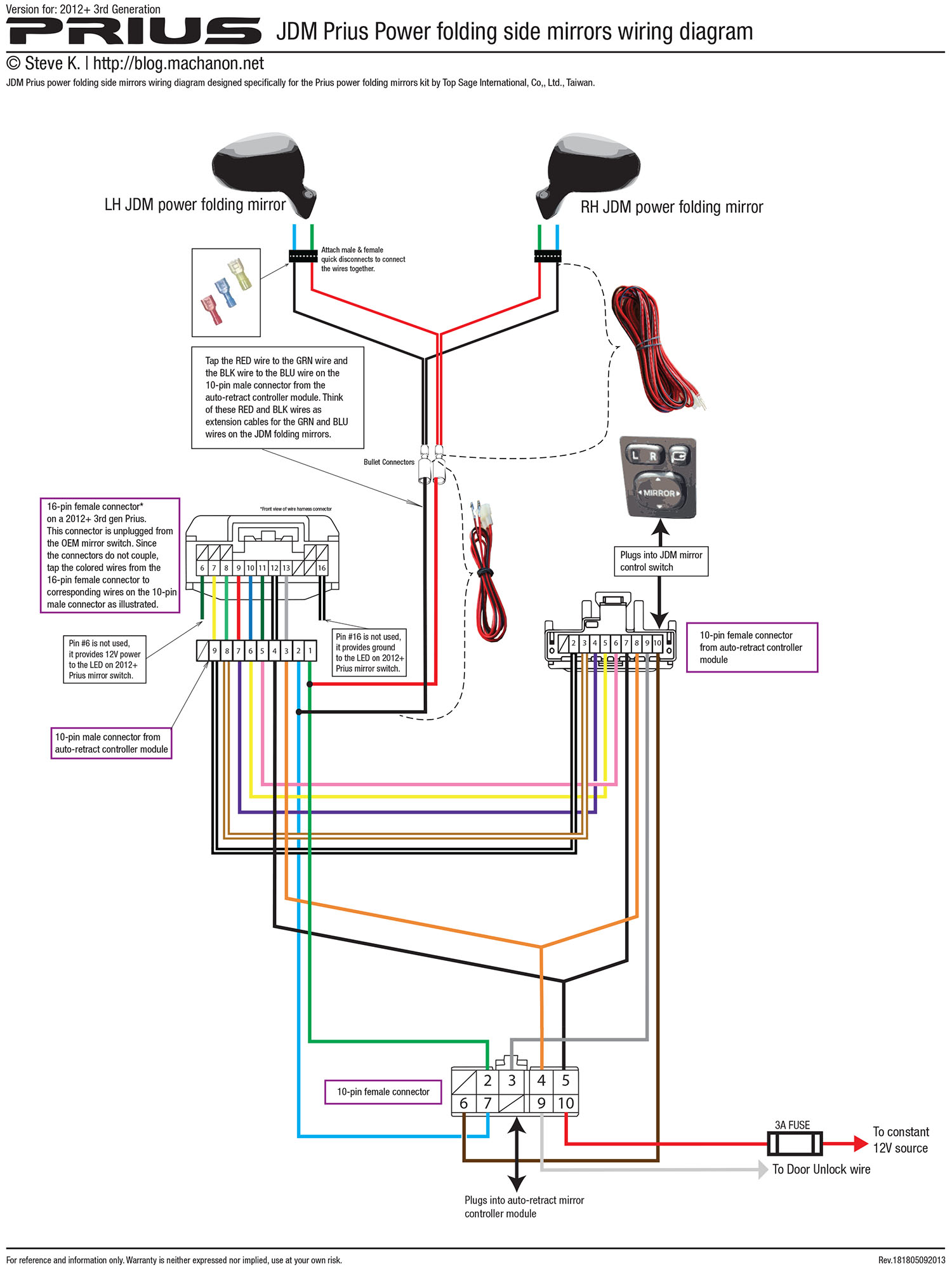 2012+ 3rd gen Prius JDM power folding side mirror wiring diagram (using kit by Top Sage International, Co., Ltd.)