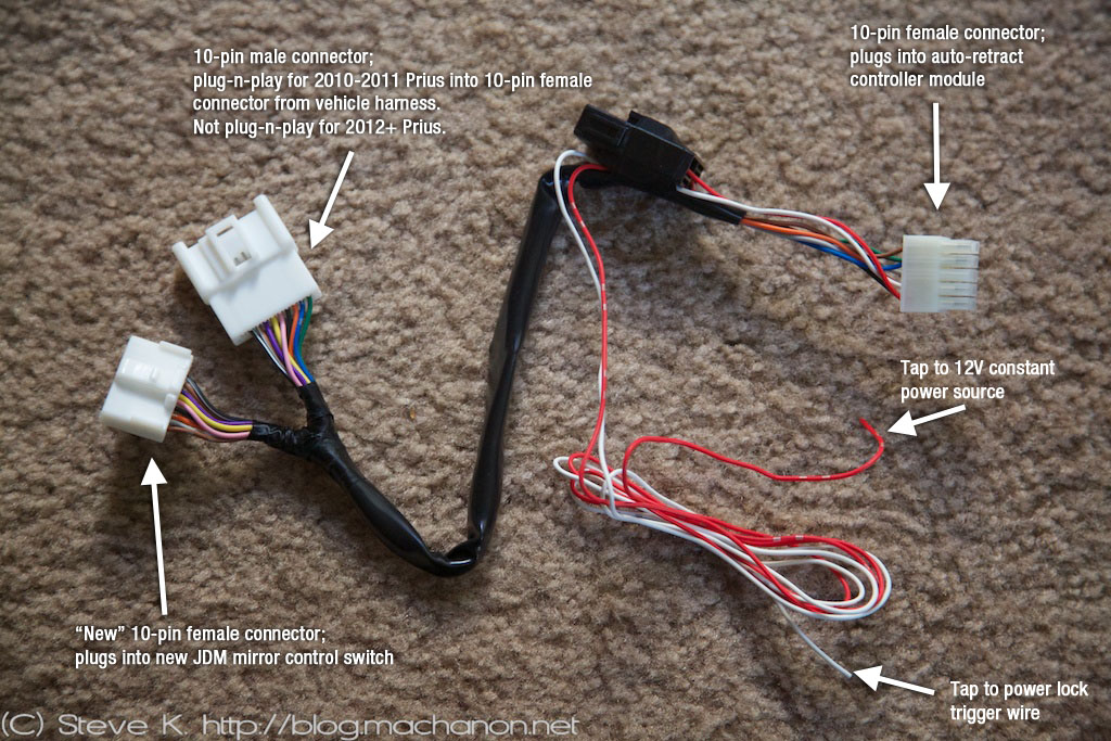 Top Sage International's custom wiring harness for their JDM Prius power side folding mirror kit, labeled