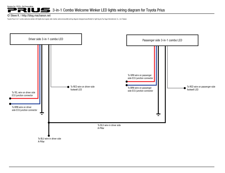 2010+ 3rd gen Prius 3-in-1 welcome winker LED wiring diagram (using kit by Top Sage International, Co., Ltd.)