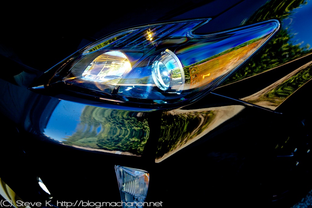 Close-up of 3rd gen 2010-2014 Toyota Prius ZVW30 custom blacked-out headlight